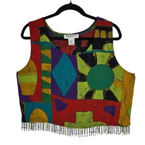 Vintage Key Lime Pie Crop Top Womens Abstract Art To Wear Beaded Fringe Medium
